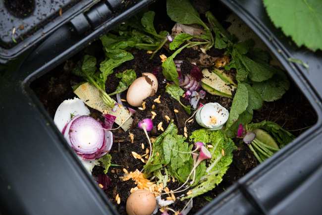  bac à compost noir rempli de terre et de déchets alimentaires