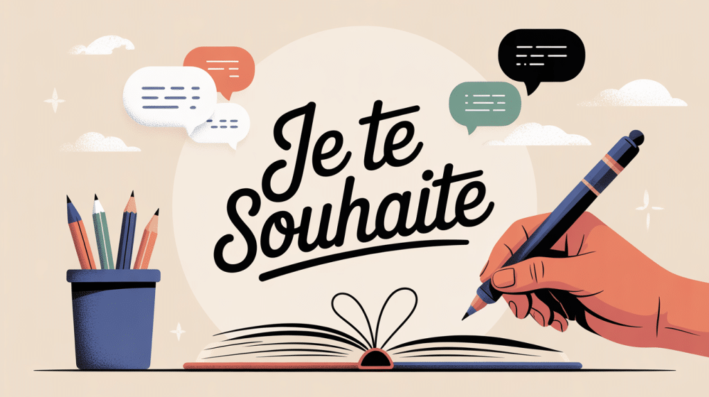 illustration sur le thème je te souhaites ou souhaite, main tenant un stylo, bulles de dialogue