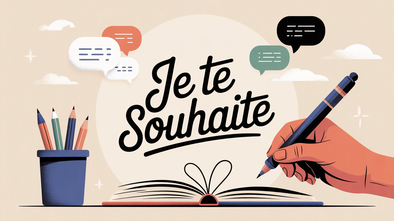 illustration sur le thème je te souhaites ou souhaite, main tenant un stylo, bulles de dialogue