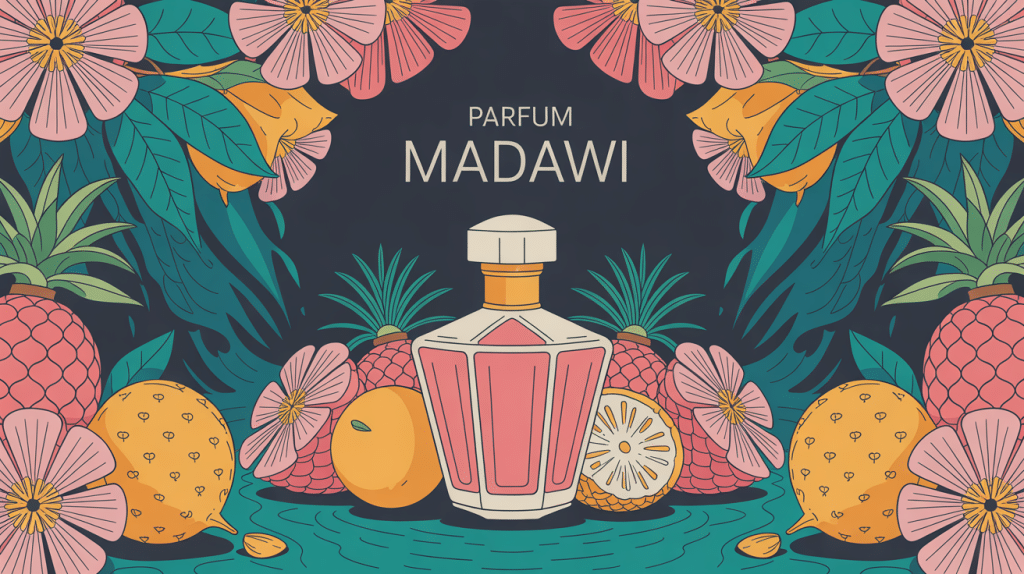Illustration parfum Madawi flacon luxe fleurs orientales