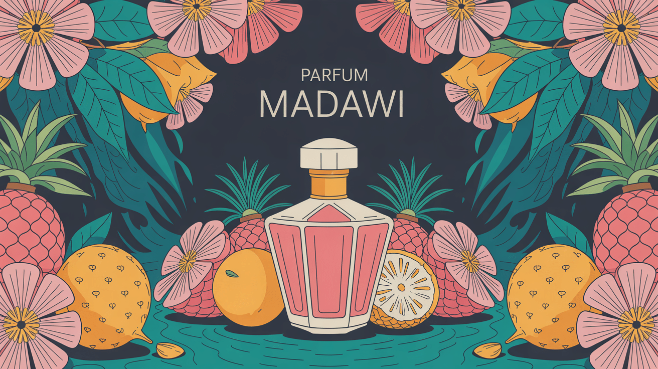 Illustration parfum Madawi flacon luxe fleurs orientales