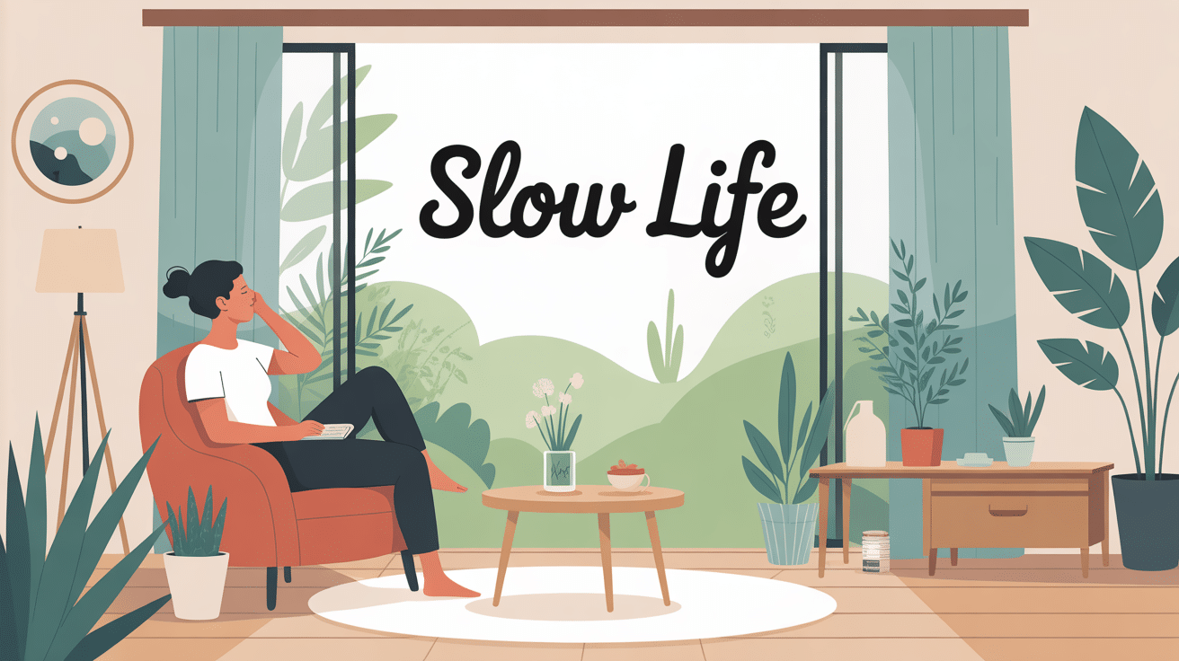 slow life personne détendue intérieur lumineux plantes
