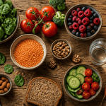 Aliment bon pour la santé, légumes et fruits frais sur table