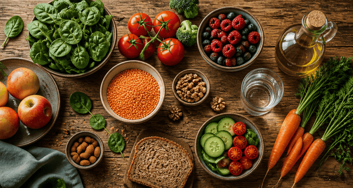 Aliment bon pour la santé, légumes et fruits frais sur table