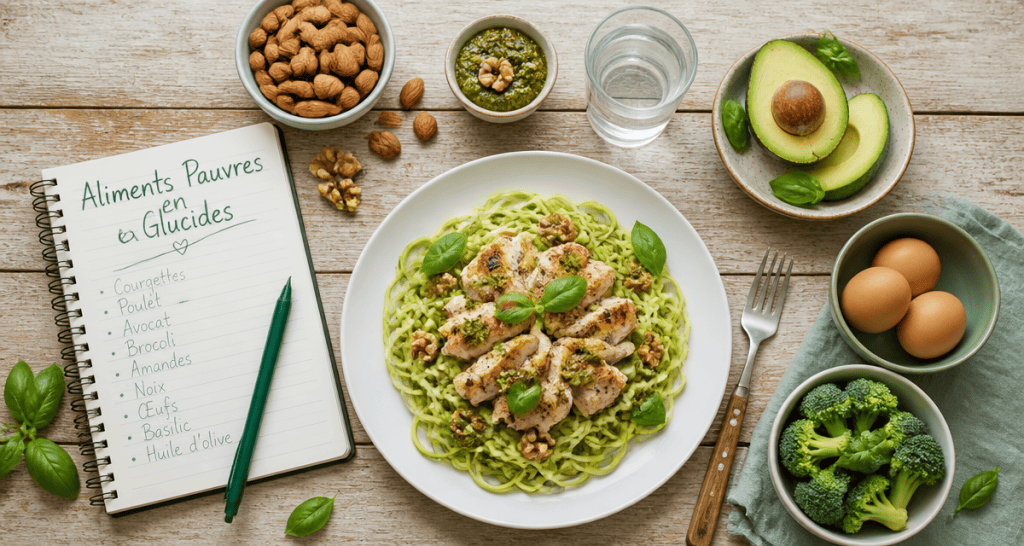 aliments pauvre en glucide sur table rustique
