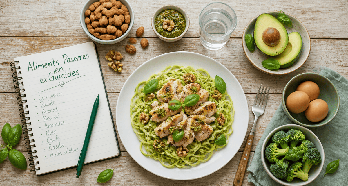 aliments pauvre en glucide sur table rustique