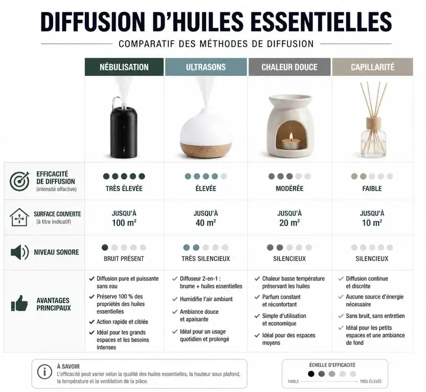 Tableau comparatif des méthodes de diffusion d'huiles essentielles pour choisir le meilleur diffuseur