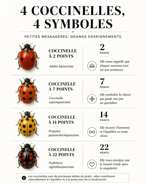 Infographie sur la signification des différentes espèces de coccinelles et leur symbolisme