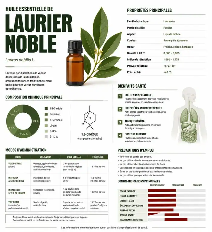 Infographie sur les propriétés et l'utilisation de l'huile essentielle de laurier noble