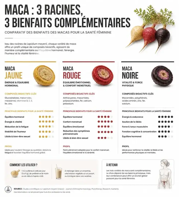Infographie comparative des bienfaits de la maca jaune, rouge et noire pour les femmes