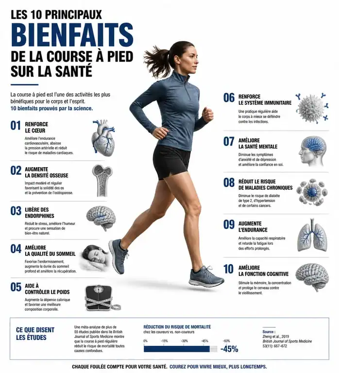 Infographie des 10 bienfaits de la course à pied sur la santé physique et mentale