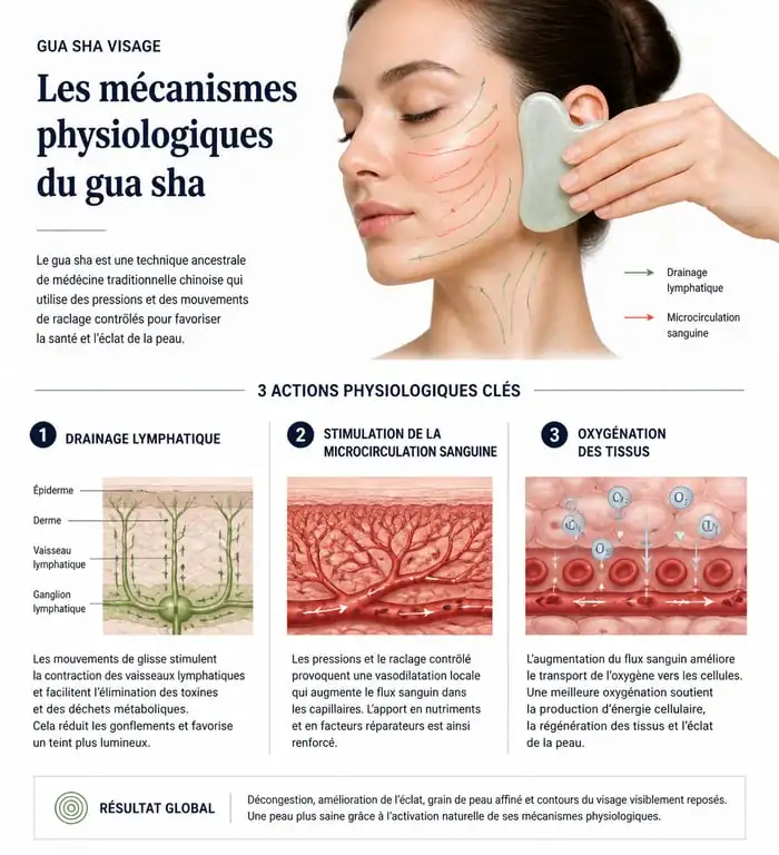 Schéma explicatif des bienfaits du gua sha sur la peau du visage et la circulation lymphatique.