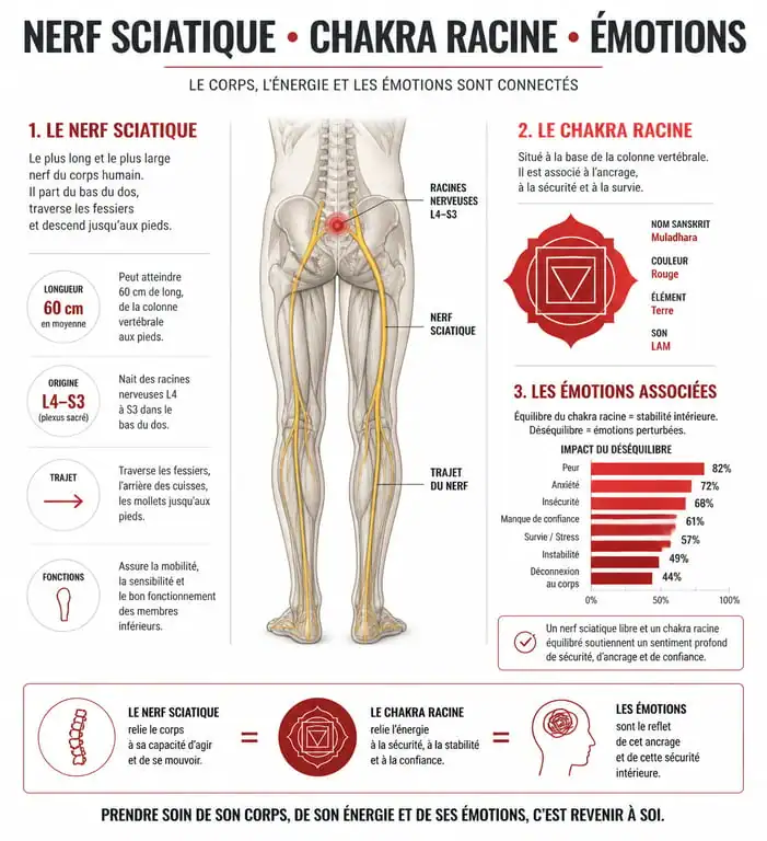 Infographie illustrant la signification spirituelle de la sciatique et le lien avec le chakra racine