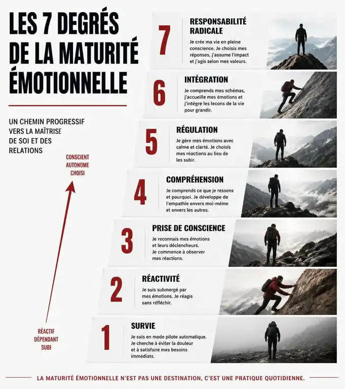 Infographie des 7 degrés de la maturité émotionnelle pour mieux comprendre le développement de l'intelligence émotionnelle