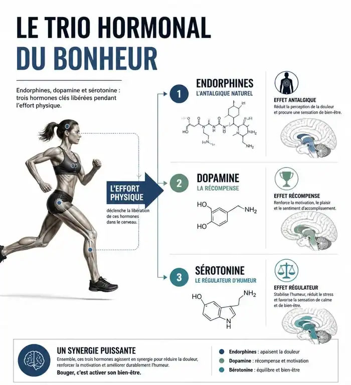 Infographie sur les hormones du bonheur et le sport : endorphines, dopamine et sérotonine