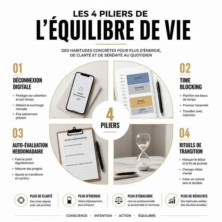 Infographie des 4 piliers pour un meilleur équilibre de vie