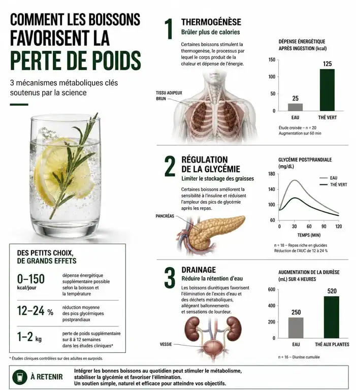 Infographie sur les mécanismes métaboliques des boissons pour perdre du poids
