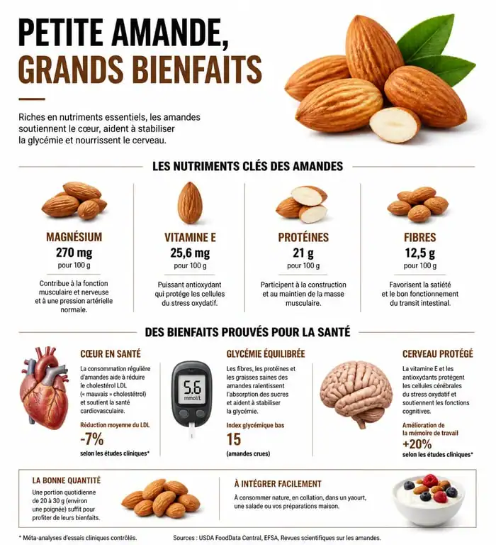 Infographie des bienfaits des amandes pour la santé et leurs apports nutritionnels
