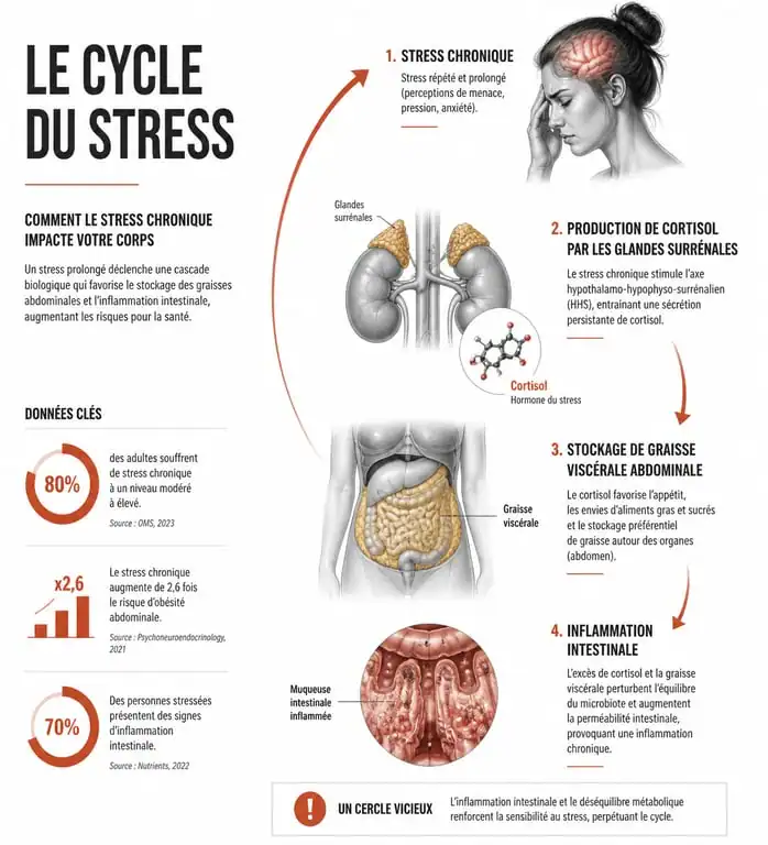 Schéma explicatif du lien entre taux de cortisol élevé et ventre gonflé