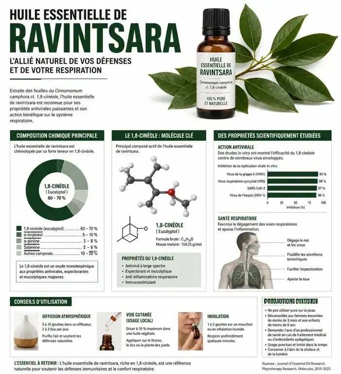 Infographie des bienfaits et propriétés de l'huile essentielle de ravintsara