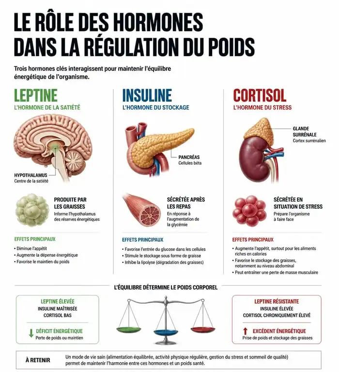 Infographie sur le rôle des hormones leptine, insuline et cortisol dans la perte de poids