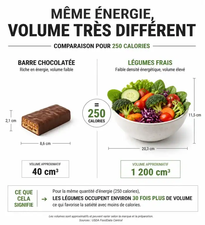 Infographie comparant la densité énergétique des aliments pour perdre du poids