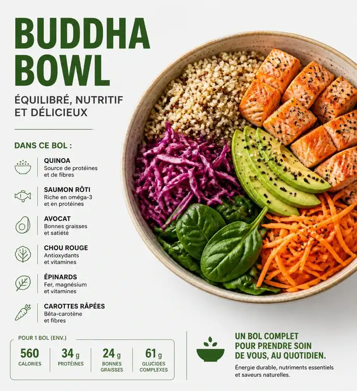 Buddha bowl au quinoa et saumon rôti, exemple de nourriture healthy