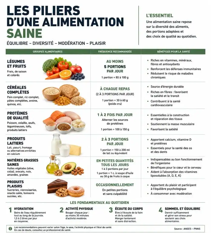 Infographie sur les aliments bons pour la santé et les repères nutritionnels