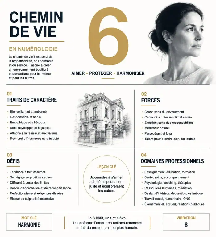 Infographie récapitulative des traits de personnalité et des domaines de vie associés au chemin de vie 6 en numérologie