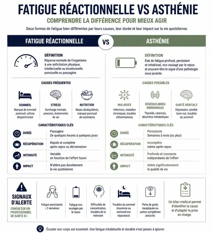Infographie santé : différence entre fatigue réactionnelle et asthénie pour lutter contre le manque d'énergie