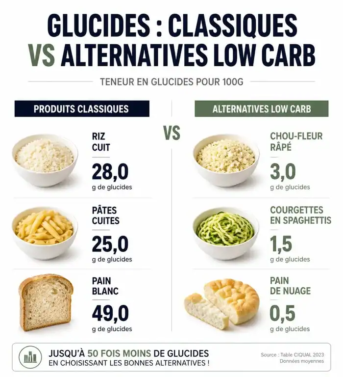 Infographie comparative des teneurs en glucides pour choisir des aliments pauvres en glucide