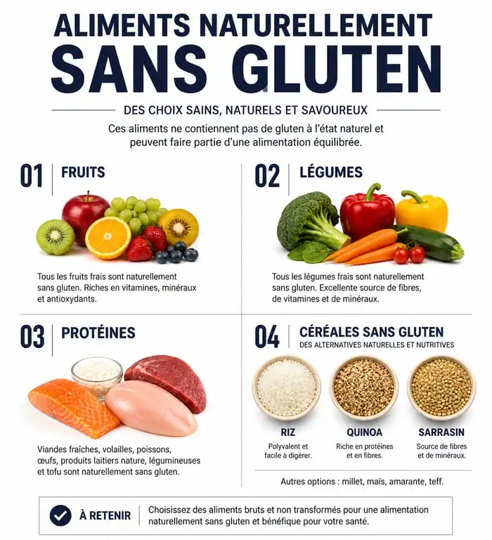 Infographie des aliments naturellement sans gluten : fruits, légumes, protéines et céréales autorisées
