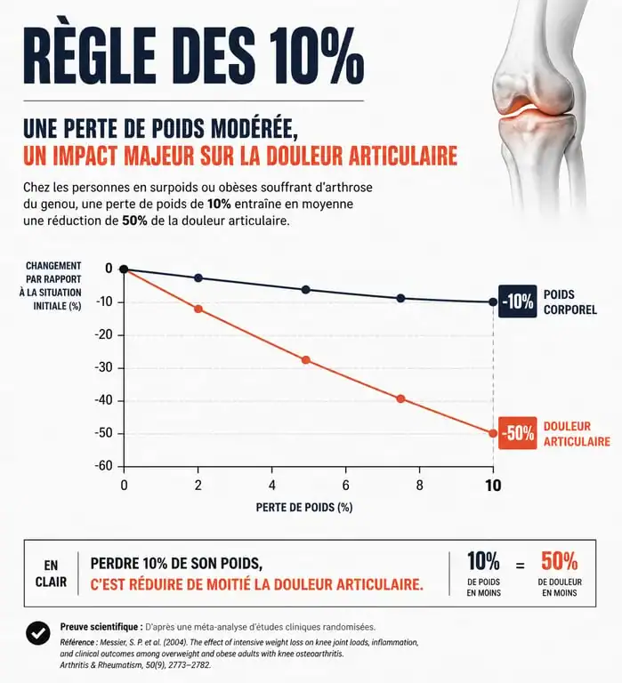 Infographie illustrant le lien entre perte de poids et douleurs articulaires : une perte de 10% du poids corporel réduit de 50% les douleurs liées à l'arthrose.