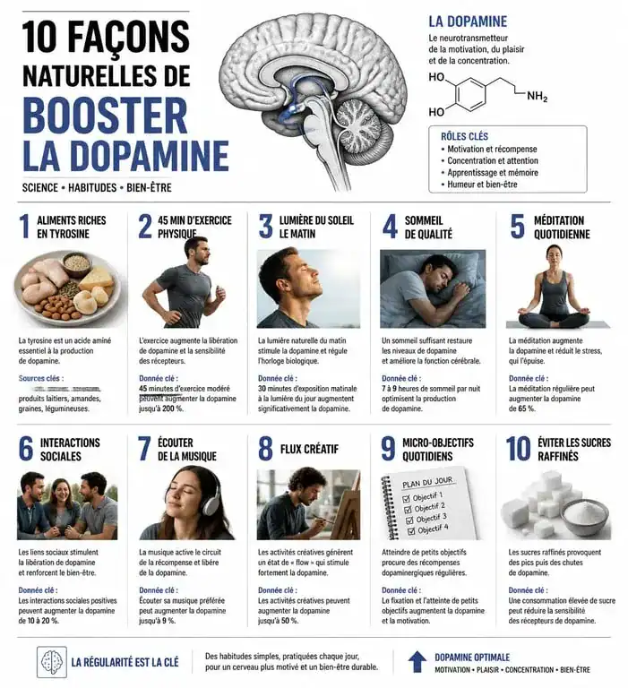 Infographie des 10 façons d'augmenter la dopamine naturellement dans le cerveau pour améliorer la motivation et le bien-être
