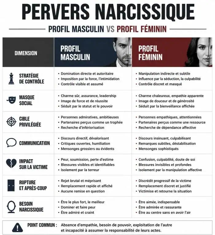 Tableau comparatif des mécanismes de manipulation entre une femme perverse narcissique et un homme pervers narcissique