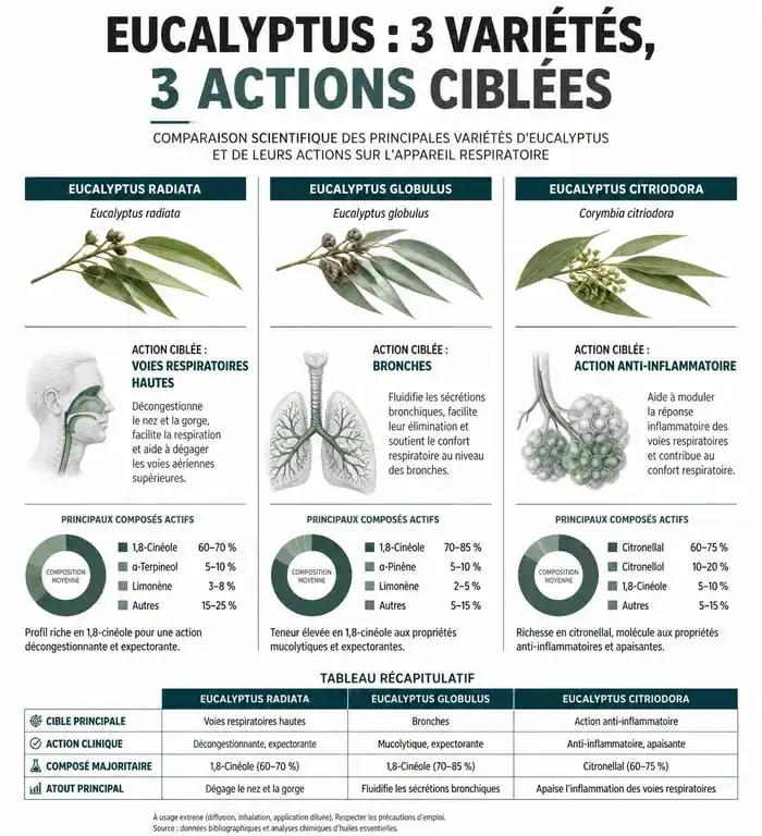 Infographie comparative des variétés d'huile essentielle d'eucalyptus : radiata, globulus et citronnée pour une utilisation sécurisée.