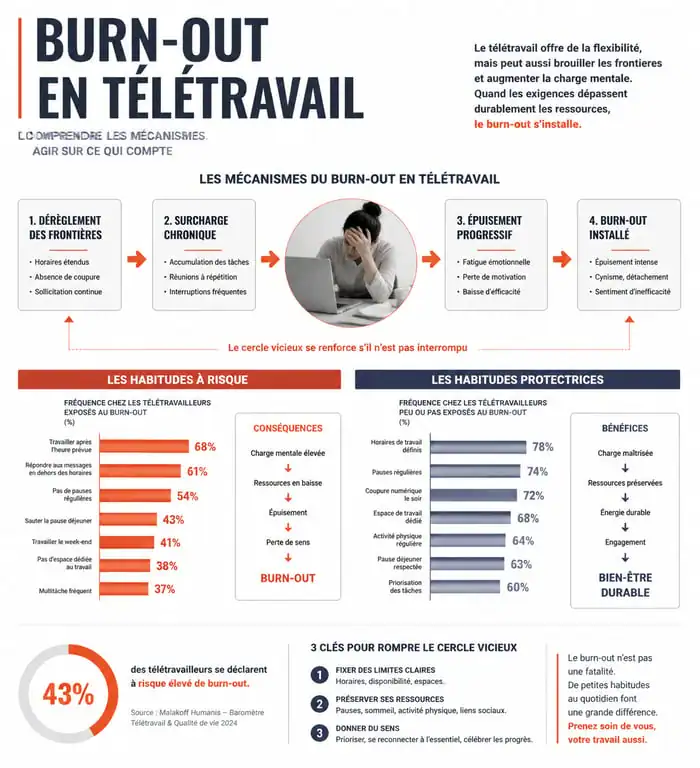 Infographie sur la prévention du burn-out en télétravail et équilibre vie pro-vie perso