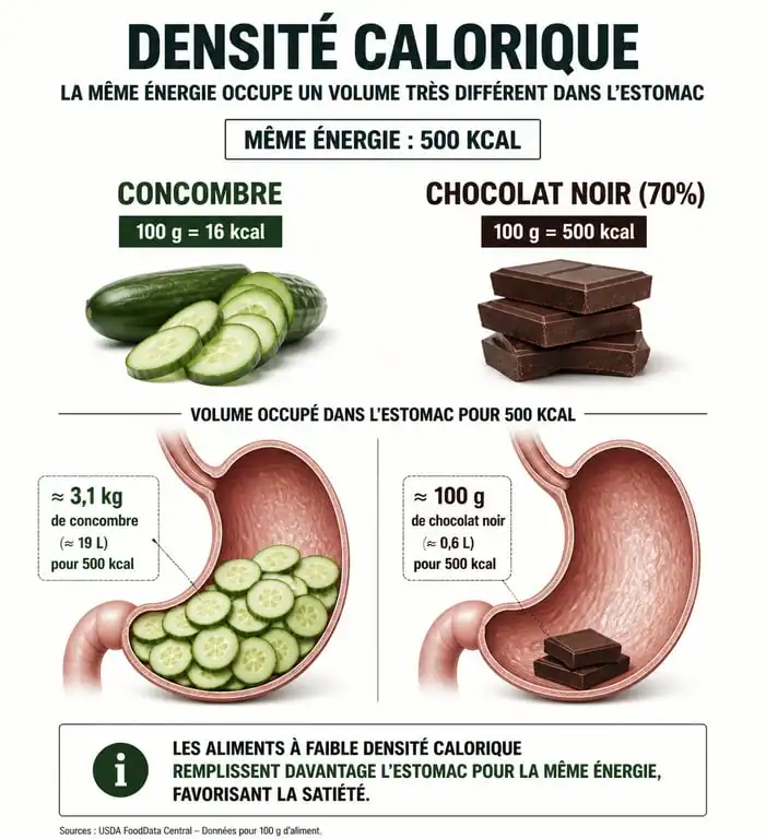 Comparaison de la densité calorique entre aliments faibles en calories et aliments riches en calories