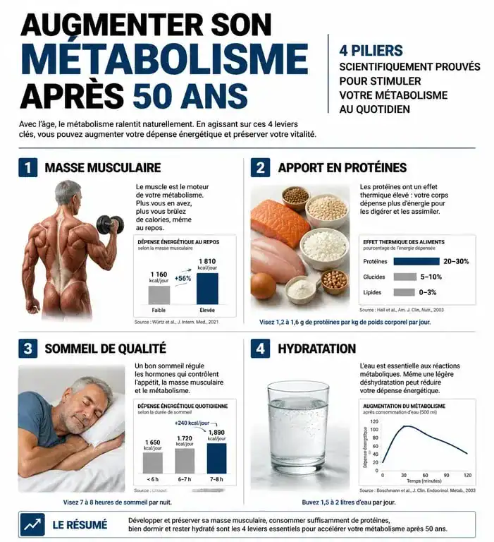 Infographie sur les facteurs pour augmenter son métabolisme après 50 ans et stimuler la dépense énergétique
