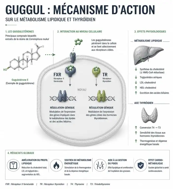 Infographie sur les bienfaits du guggul et son mécanisme d'action sur le cholestérol et le métabolisme