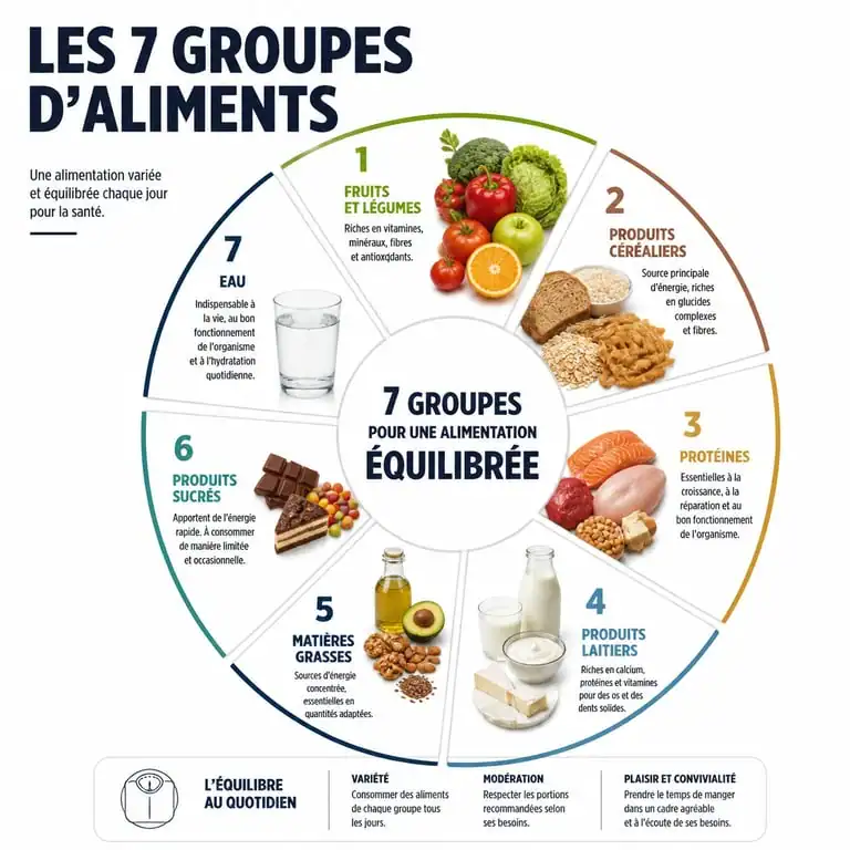 Infographie des 7 groupes d'aliments pour un équilibre nutritionnel optimal