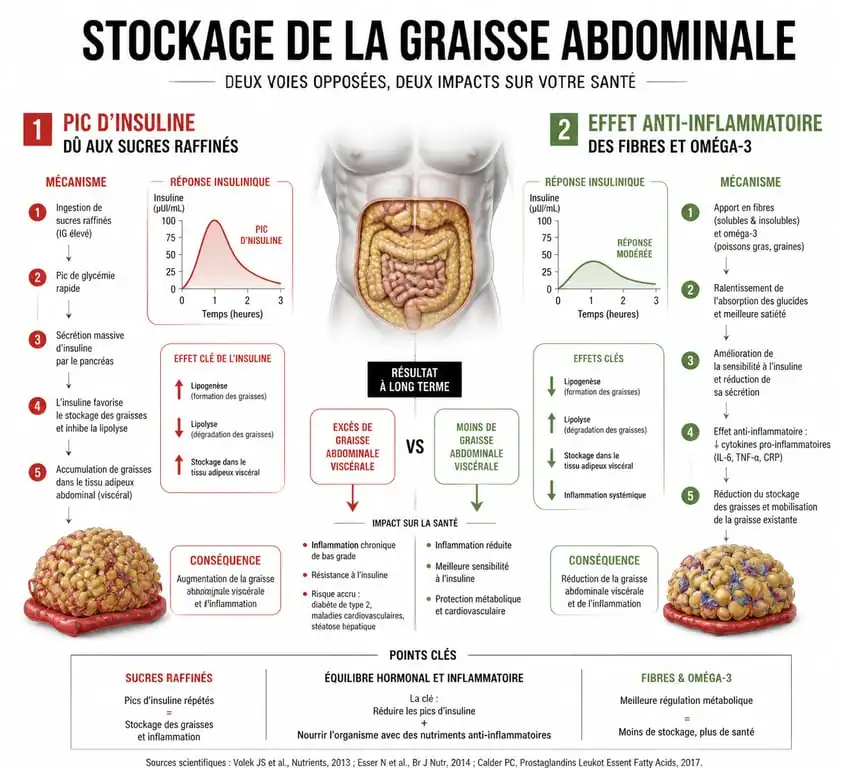 Infographie expliquant les mécanismes hormonaux et nutritionnels pour maigrir du ventre et réduire la graisse abdominale