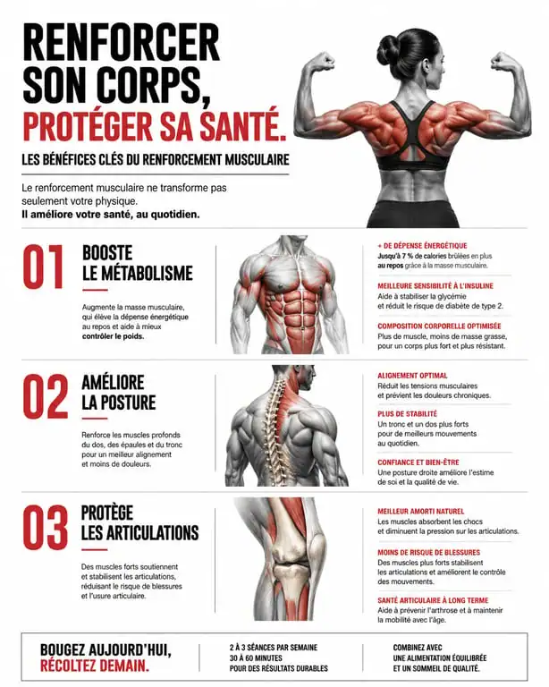 Infographie illustrant les bienfaits d'une séance de renforcement musculaire sur le métabolisme, les articulations et la posture