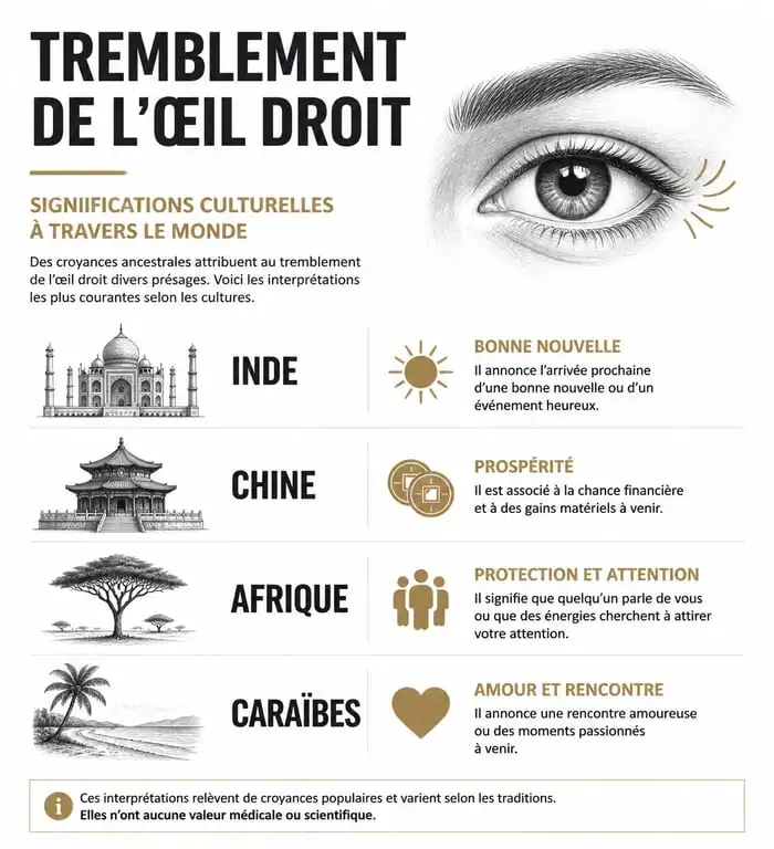 Infographie des significations spirituelles et culturelles de l'œil droit qui tremble