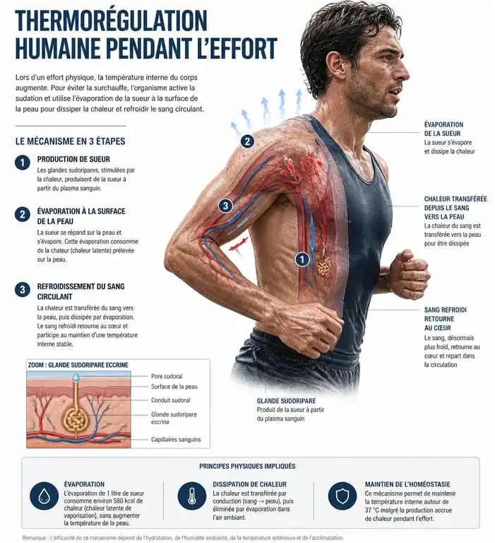 Schéma du mécanisme de thermorégulation et des bienfaits de la transpiration pendant le sport
