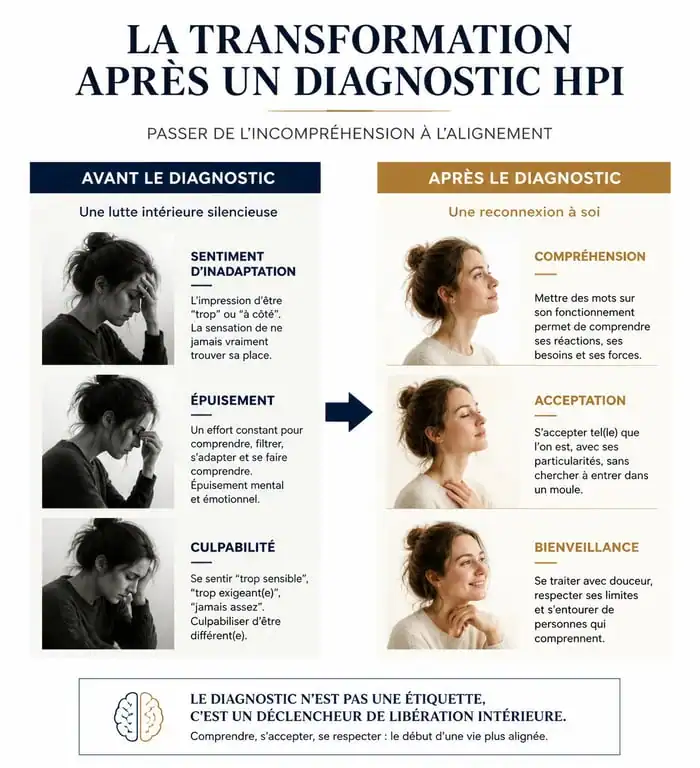 Infographie comparative des signes et du vécu de la femme HPI avant et après le diagnostic