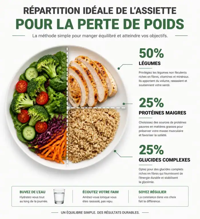 Infographie de la méthode de l'assiette pour une perte de poids saine