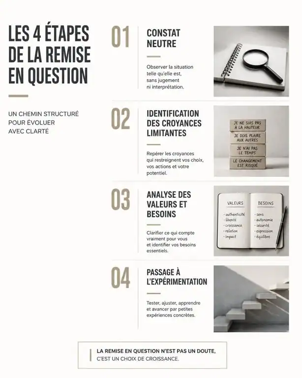 Infographie des 4 étapes pour une remise en question efficace et constructive