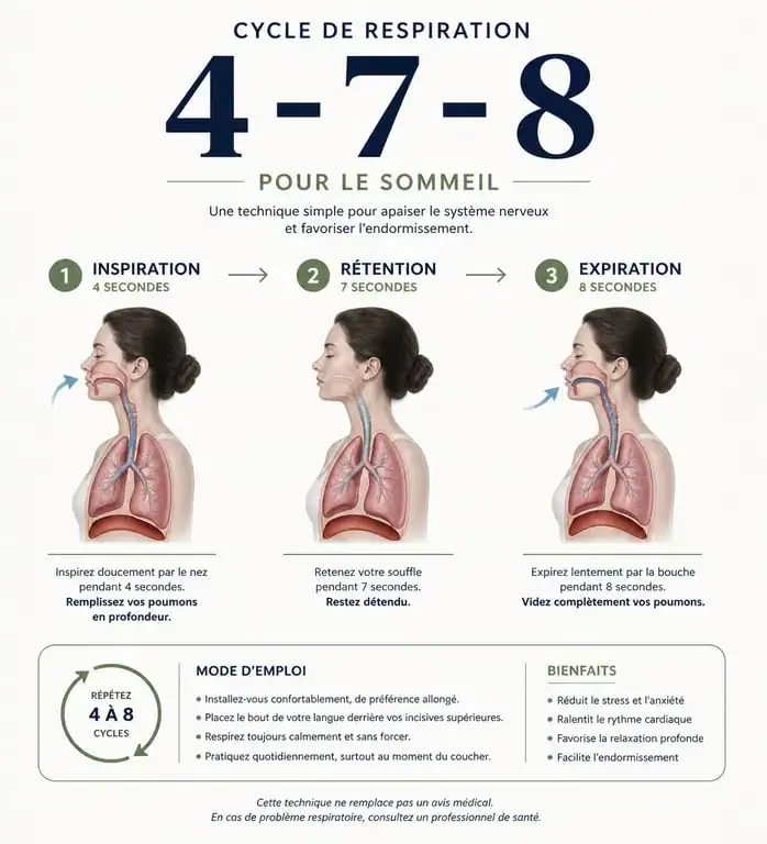 Infographie de la technique de respiration 4-7-8 pour trouver le sommeil rapidement