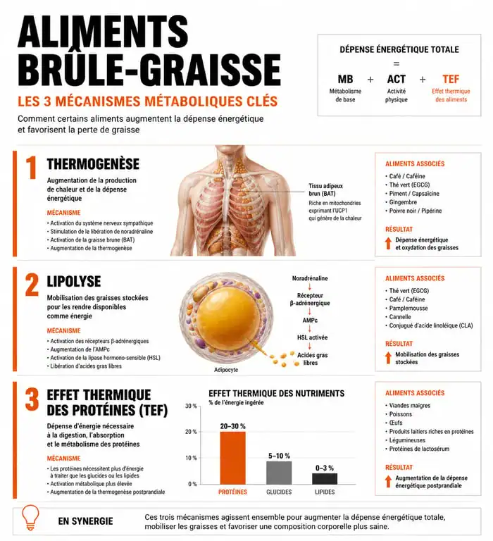 Infographie des mécanismes métaboliques des aliments brûle-graisse